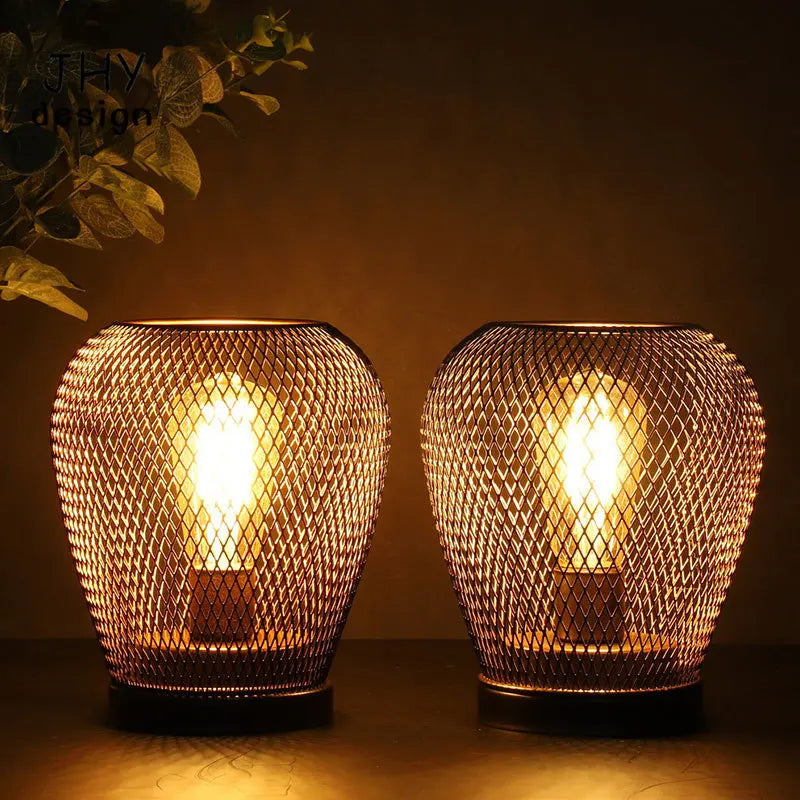 Set of 2 Metal Cage LED Table Lamps | Battery Powered Wireless Lanterns | Indoor & Outdoor Décor