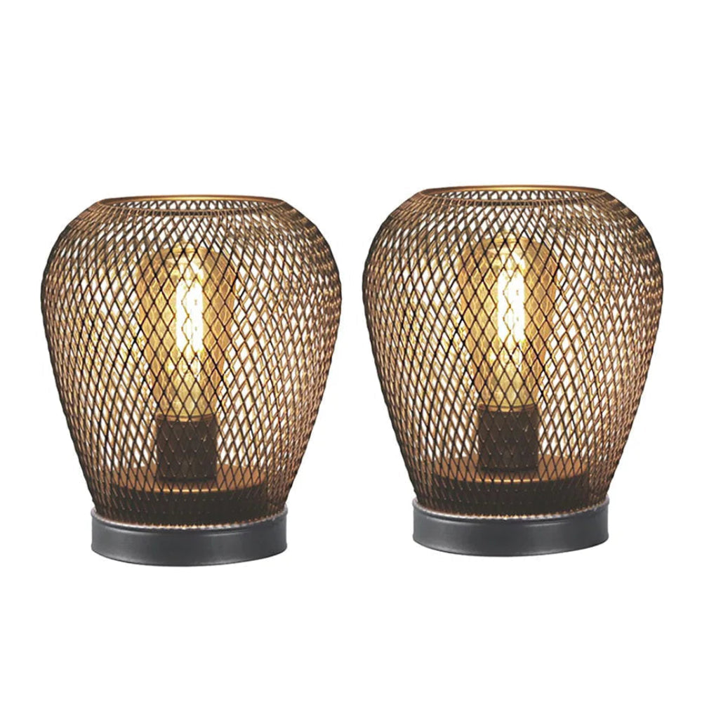 Set of 2 Metal Cage LED Table Lamps | Battery Powered Wireless Lanterns | Indoor & Outdoor Décor