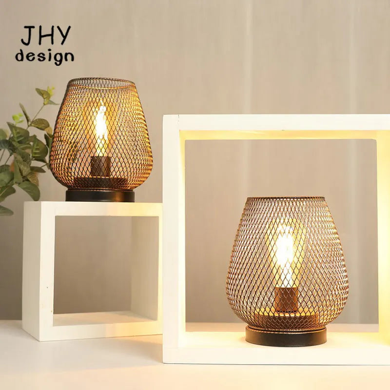 Set of 2 Metal Cage LED Table Lamps | Battery Powered Wireless Lanterns | Indoor & Outdoor Décor
