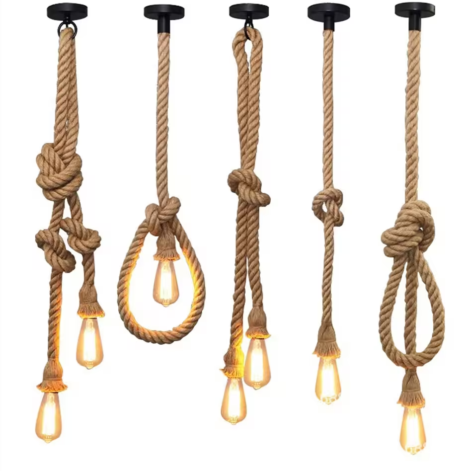 Vintage Twisted Rope Pendant Light - Hand Knitted Hemp for Bedroom & Cafe