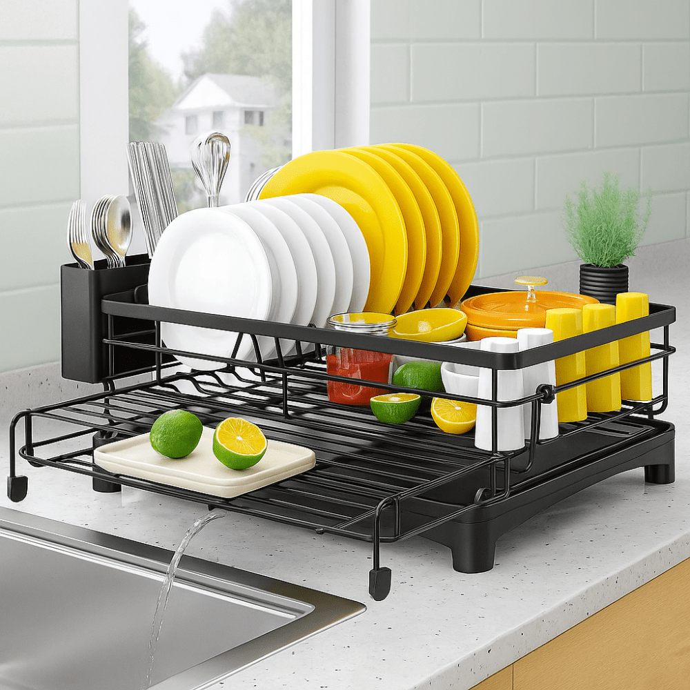 Large Dish Drying Rack with Drainboard | Rustproof Kitchen Counter Organizer with Utensil Holder - Kyrafy