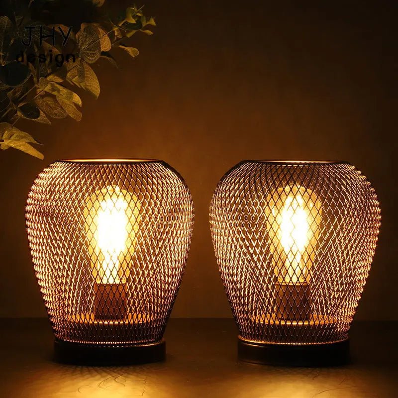 Set of 2 Metal Cage LED Table Lamps | Battery Powered Wireless Lanterns | Indoor & Outdoor Décor - Kyrafy