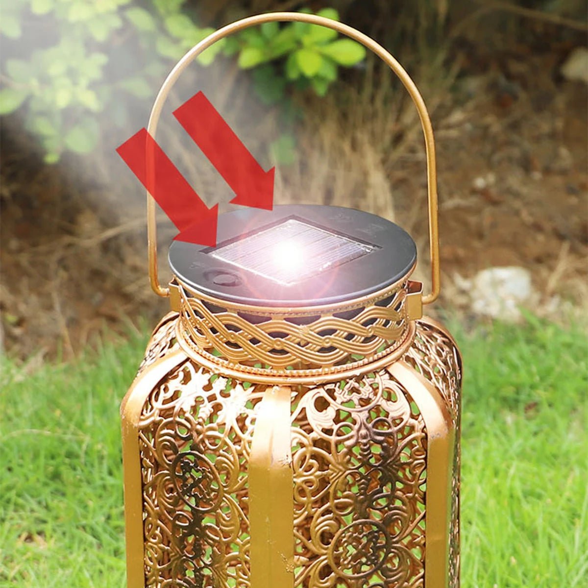 Solar LED Lantern Light – Retro Hollow Garden Lamp with Brassy Iron Finish - Kyrafy