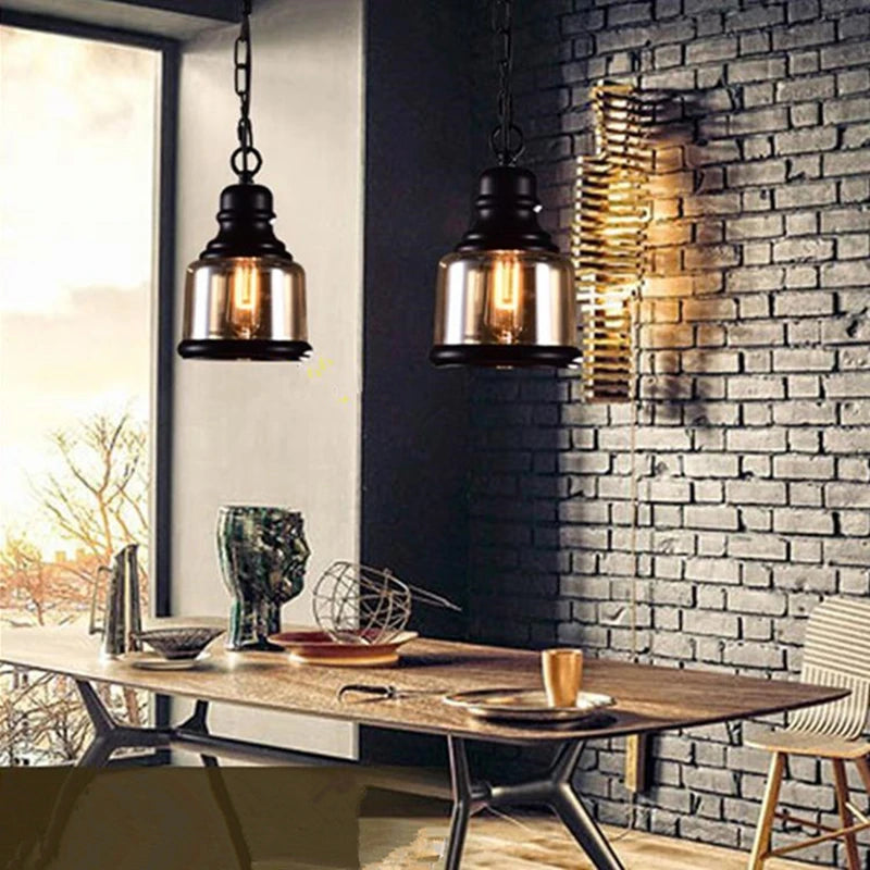Vintage Amber Glass Pendant Light – Industrial E27 Hanging Lamp for Kitchen, Bar & Café