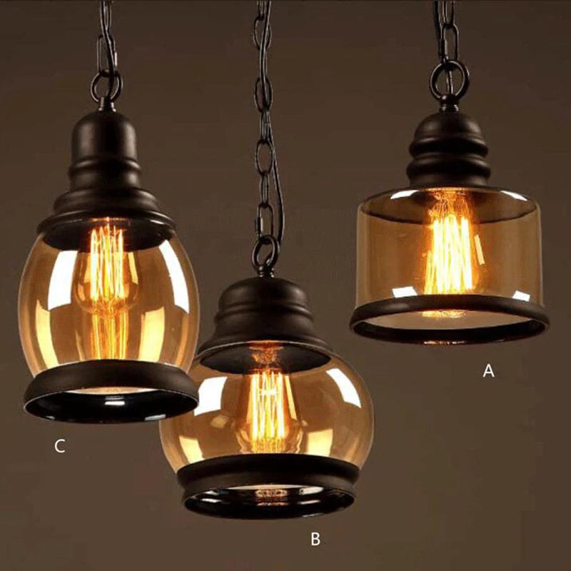 Vintage Amber Glass Pendant Light – Industrial E27 Hanging Lamp for Kitchen, Bar & Café