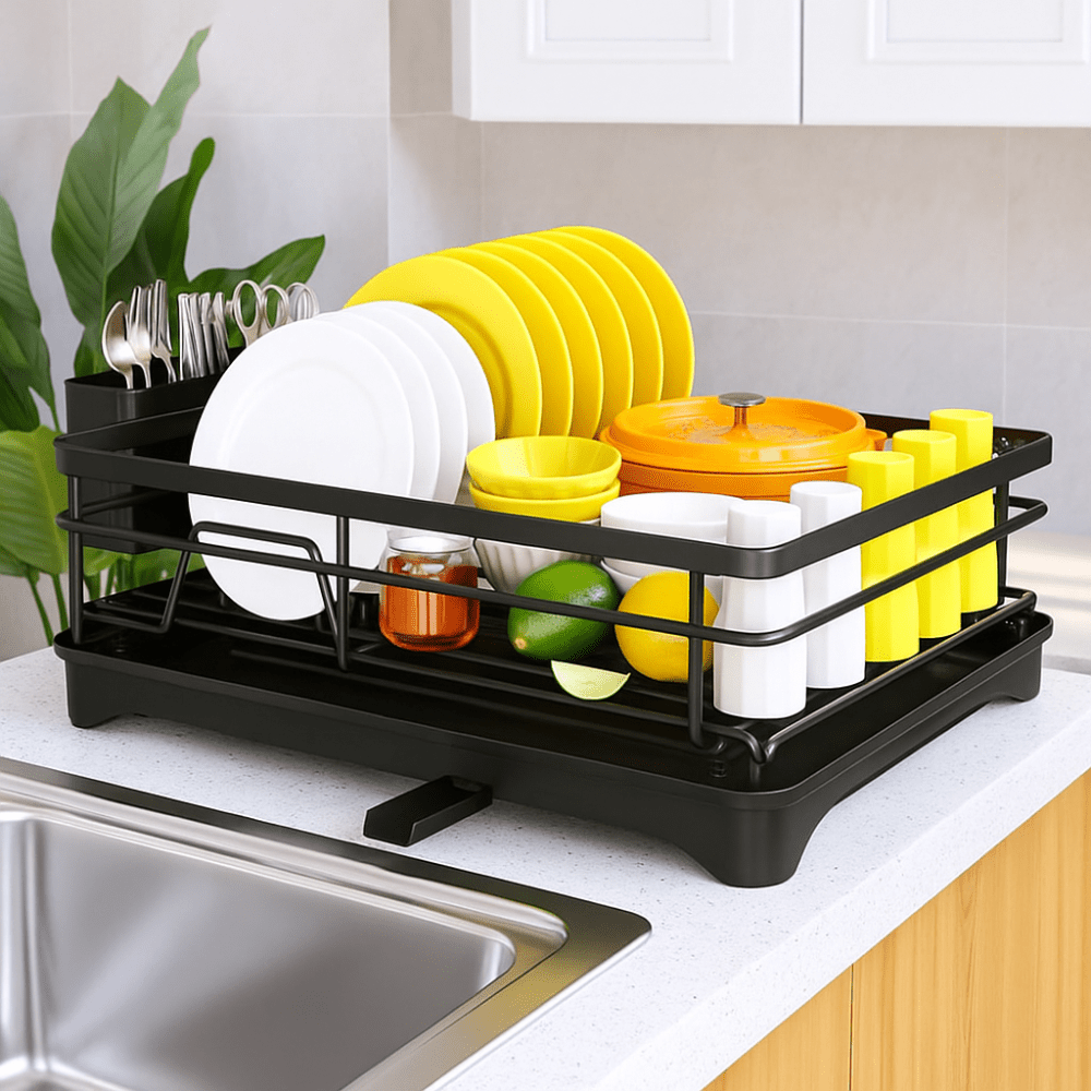 Large Dish Drying Rack with Drainboard | Rustproof Kitchen Counter Organizer with Utensil Holder - Kyrafy