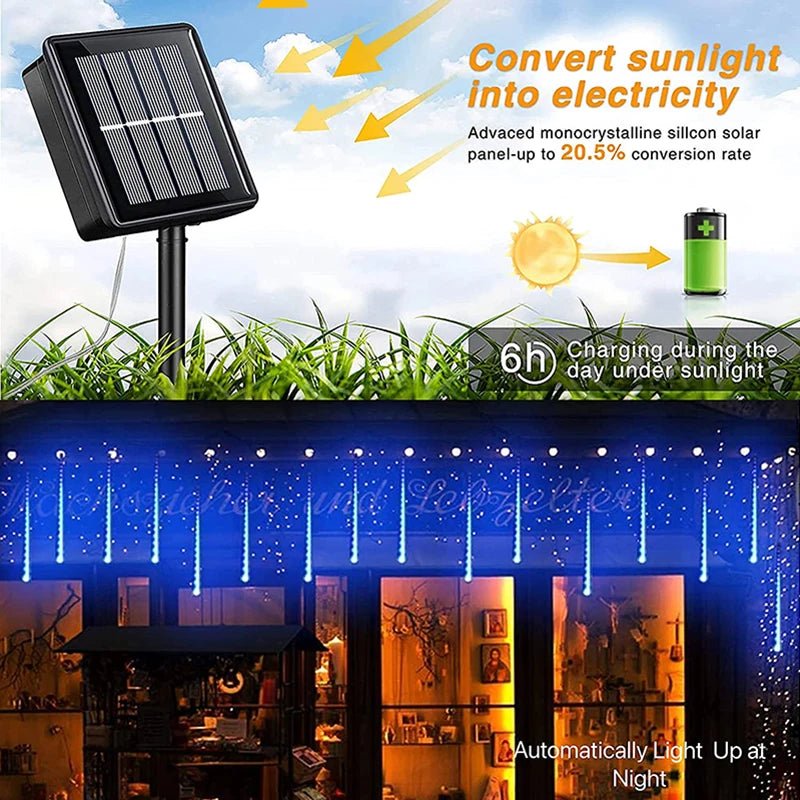 Meteor Shower Solar String Lights – Waterproof LED Outdoor Garden Decoration - Kyrafy