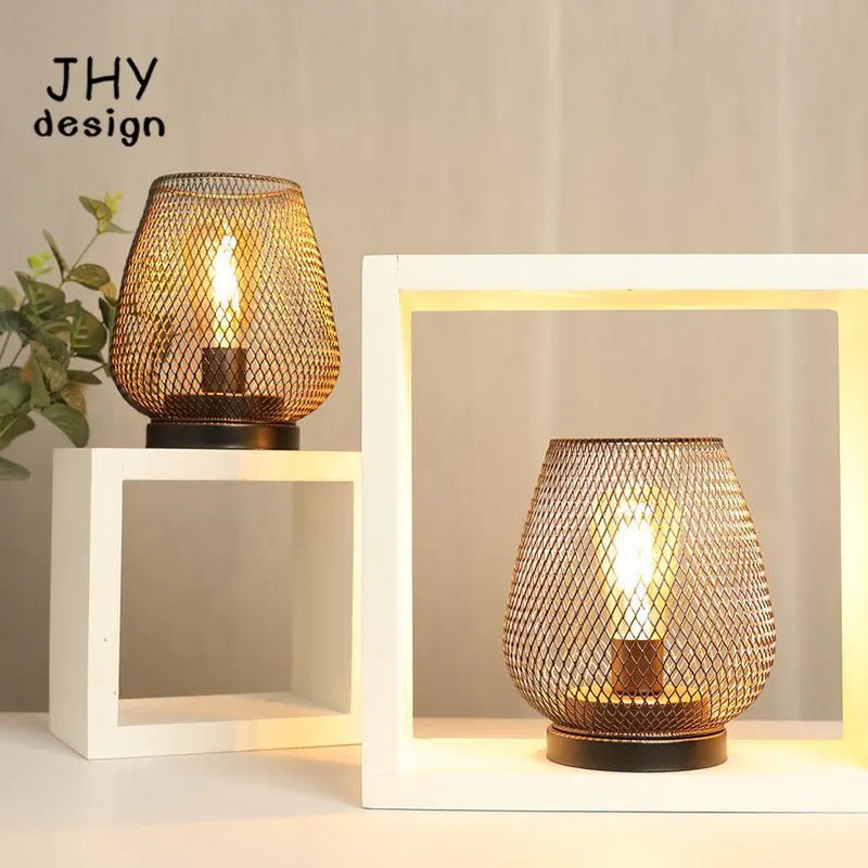 Set of 2 Metal Cage LED Table Lamps | Battery Powered Wireless Lanterns | Indoor & Outdoor Décor - Kyrafy