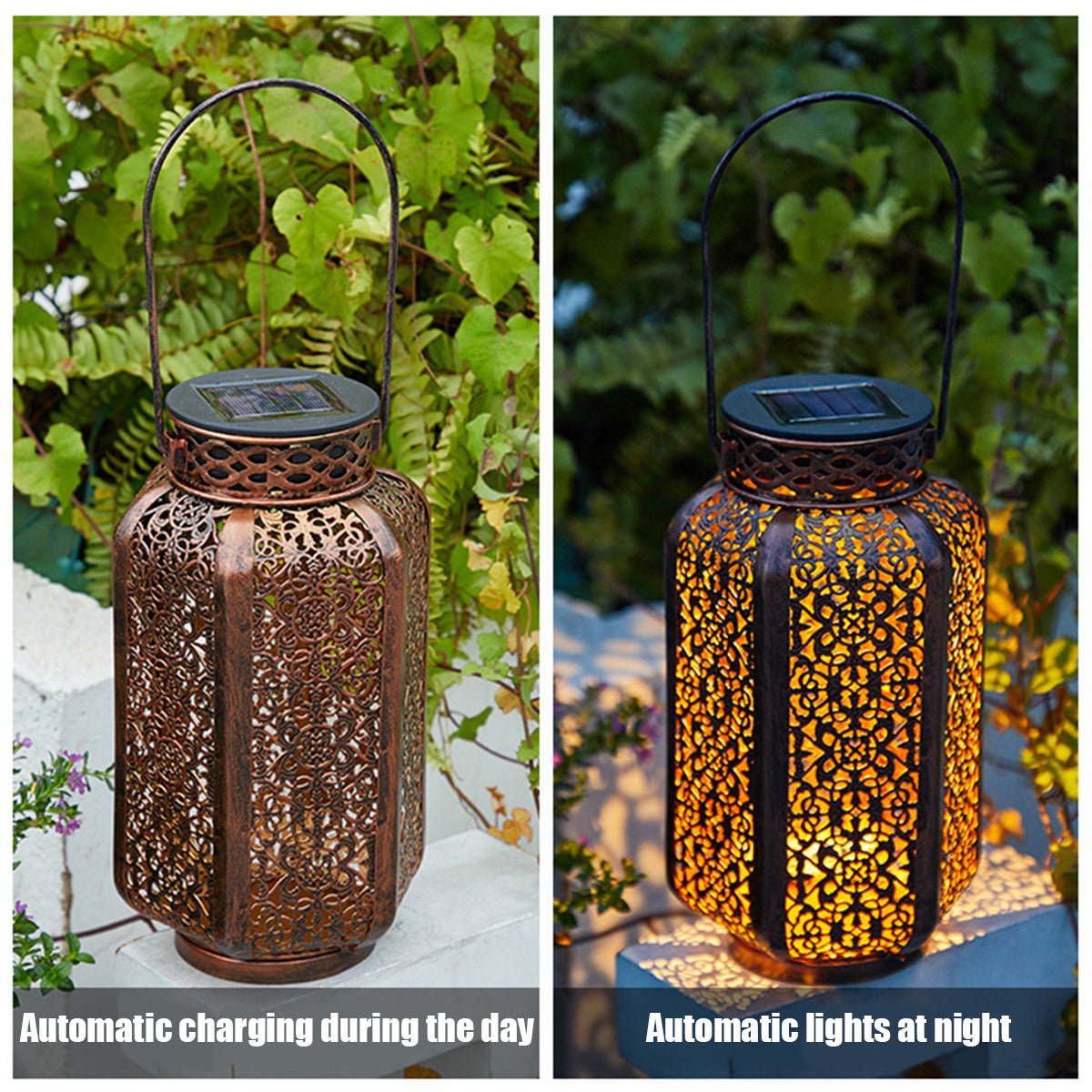 Solar LED Lantern Light – Retro Hollow Garden Lamp with Brassy Iron Finish - Kyrafy