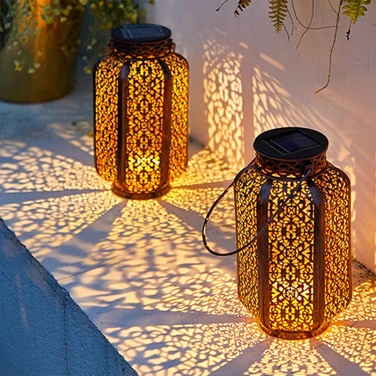 Solar LED Lantern Light – Retro Hollow Garden Lamp with Brassy Iron Finish - Kyrafy
