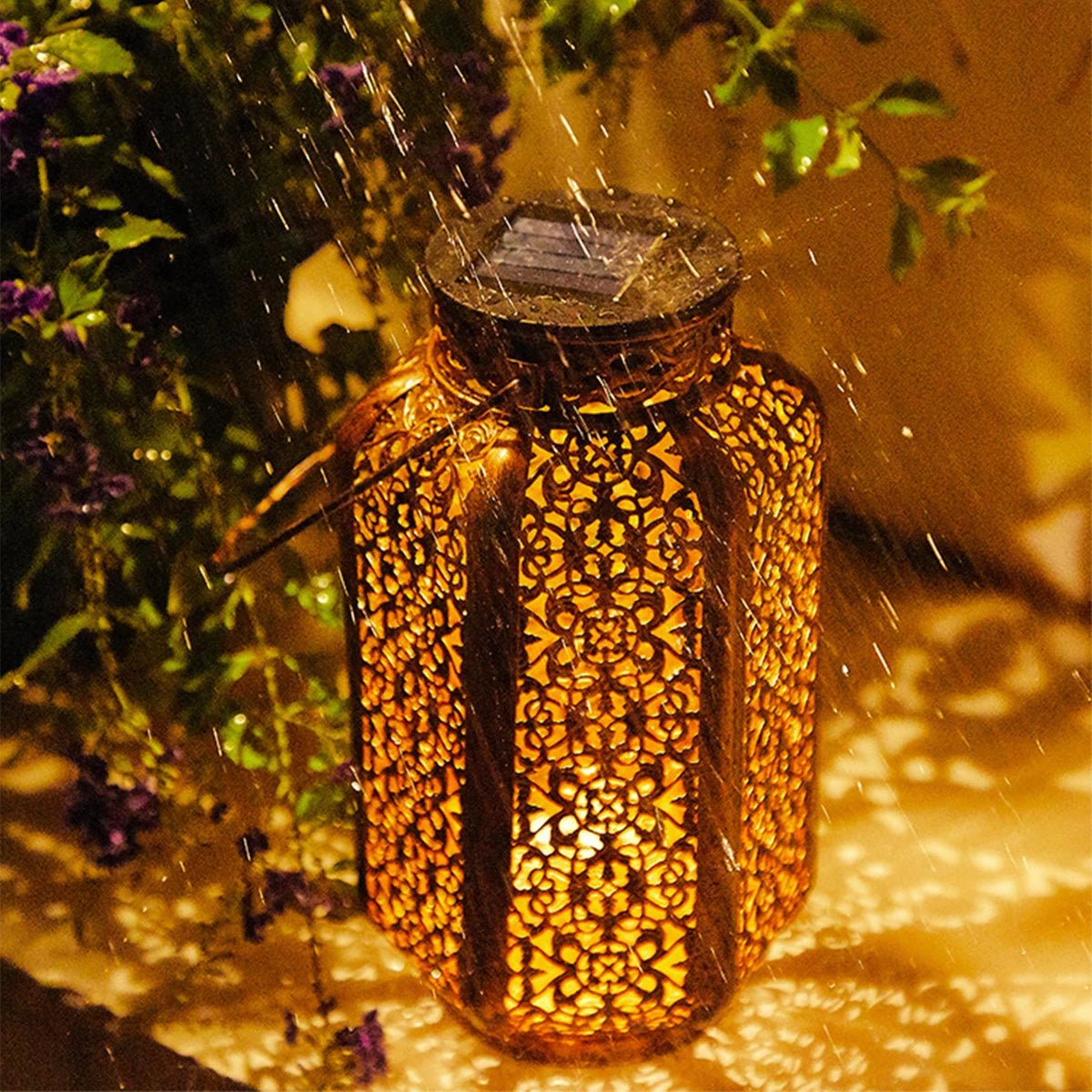 Solar LED Lantern Light – Retro Hollow Garden Lamp with Brassy Iron Finish - Kyrafy